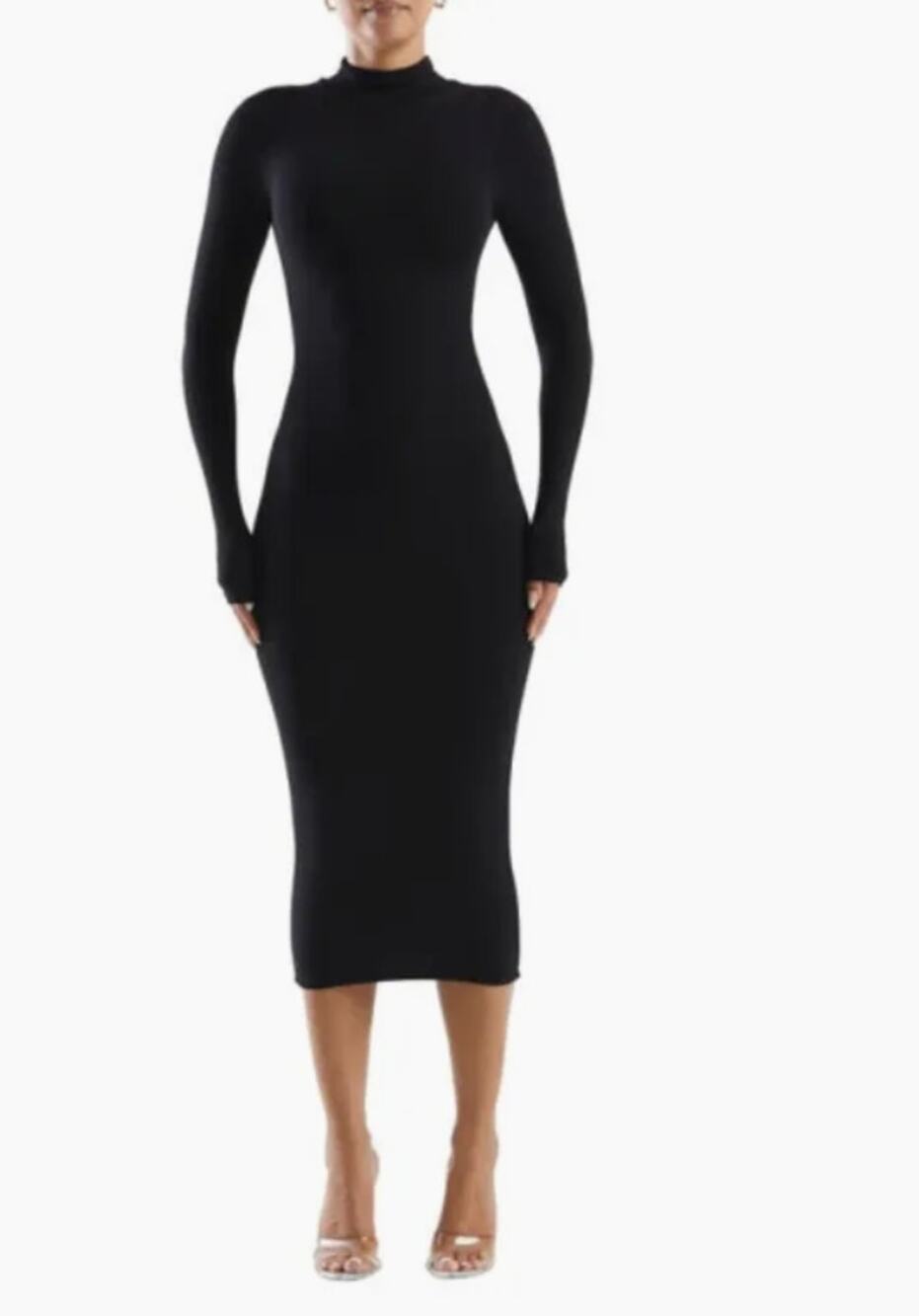 Naked Wardrobe The Mock Neck Long Sleeve Body-Con Midi Dress in Black LARGE